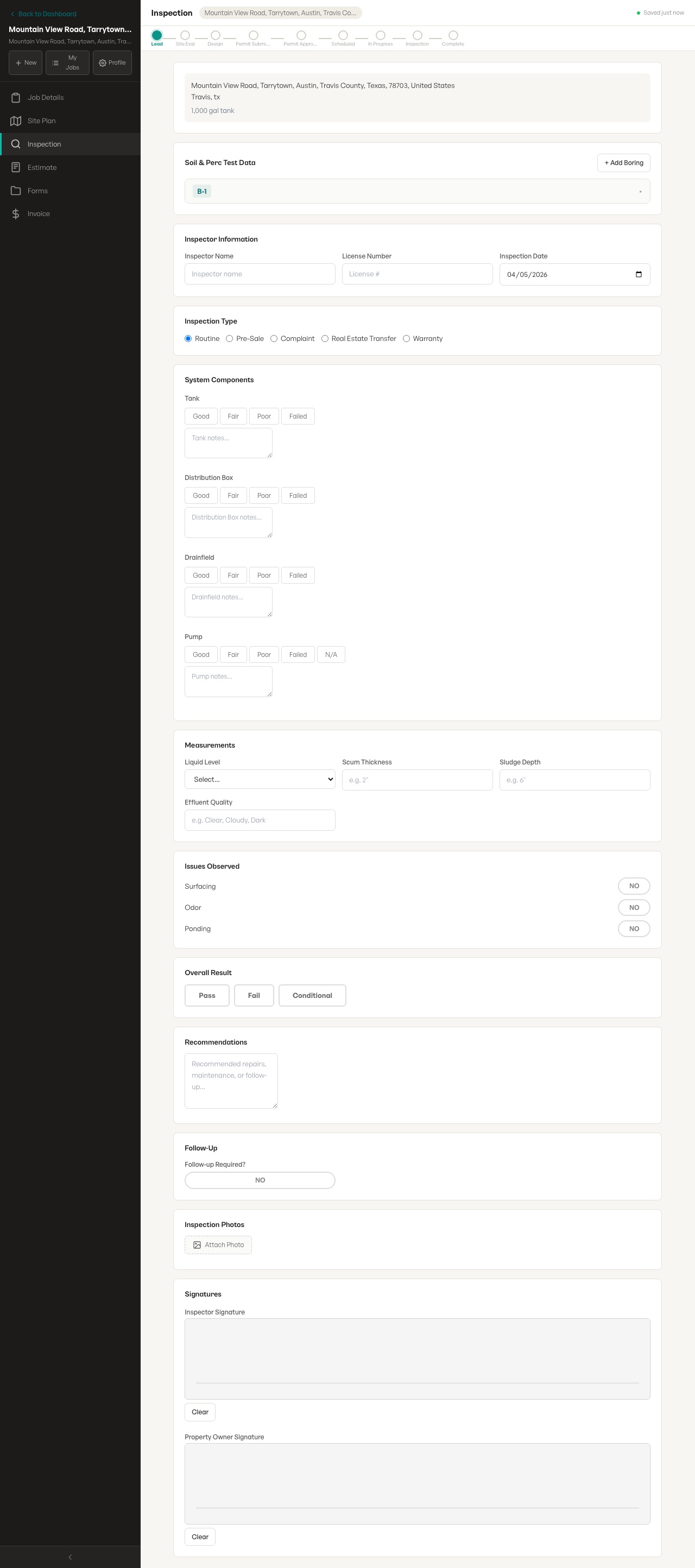 Actual SepticPro field workflow screenshot showing technician work or inspection documentation