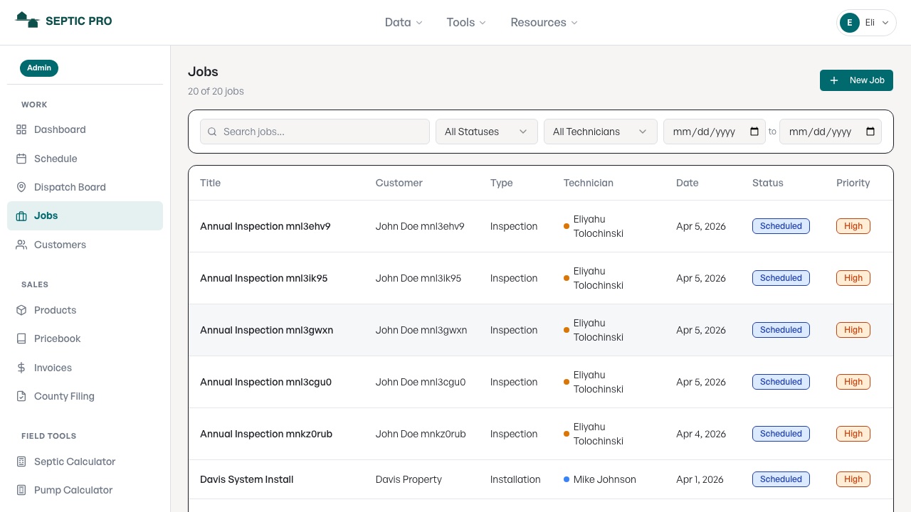 Actual SepticPro office jobs table screenshot with filters, job statuses, technicians, dates, and priority badges